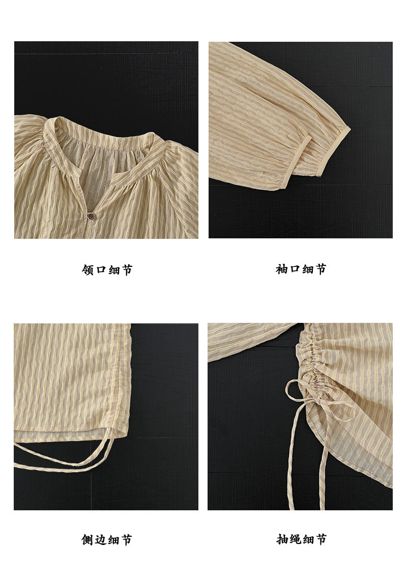 【cimz1836】文青設計款🌾日系復古條紋抓皺綁帶寬鬆襯衫260506