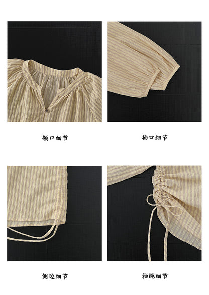 【cimz1836】文青設計款🌾日系復古條紋抓皺綁帶寬鬆襯衫260506
