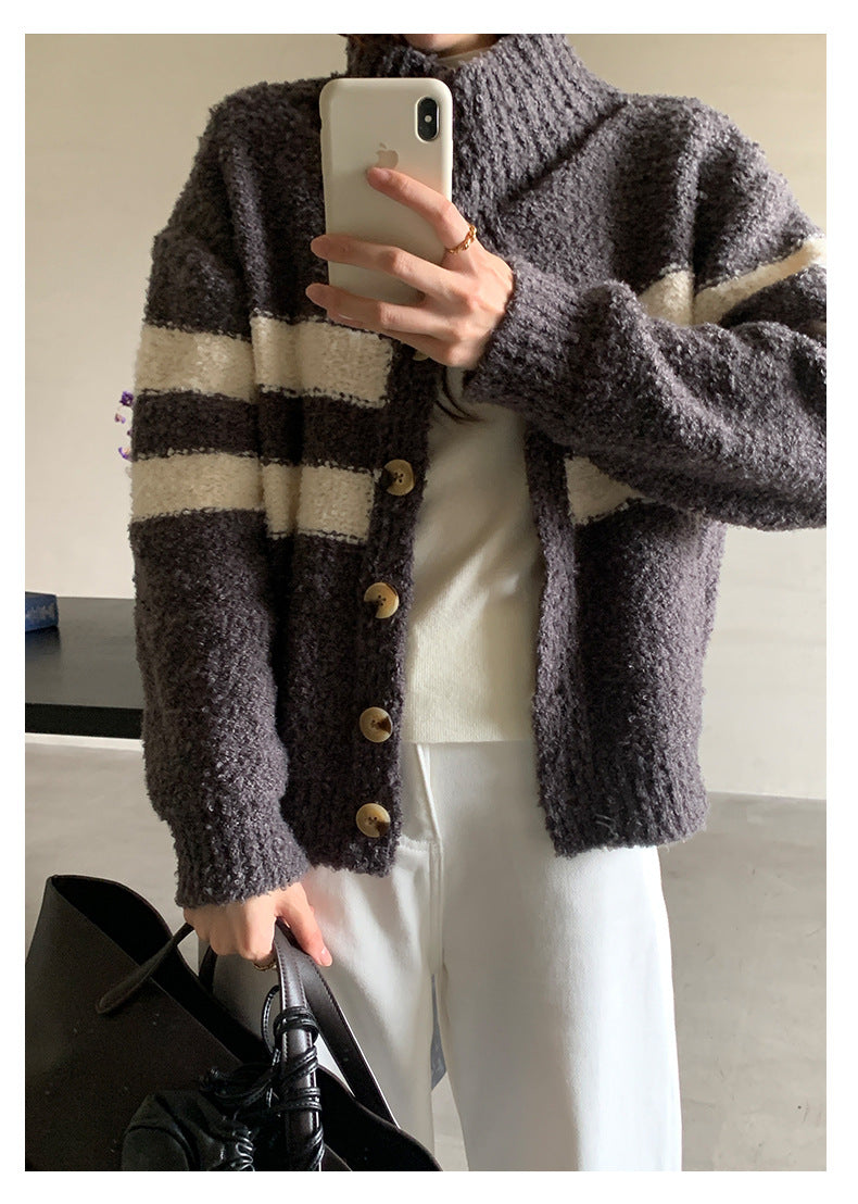 【H5511】實拍 懶懶撞色條紋開衫針織毛衣
251118