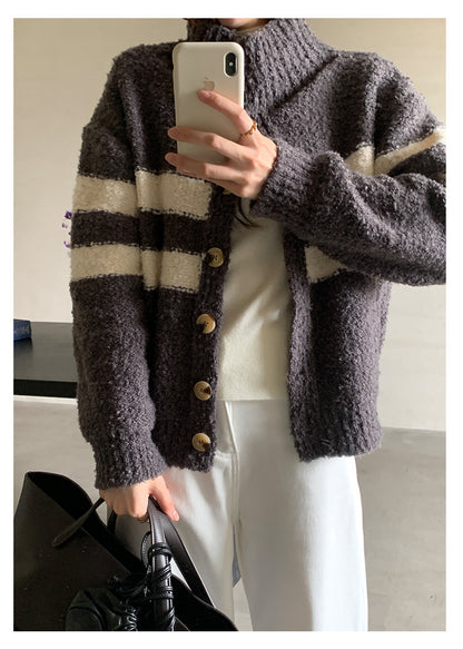 【H5511】實拍 懶懶撞色條紋開衫針織毛衣
251118