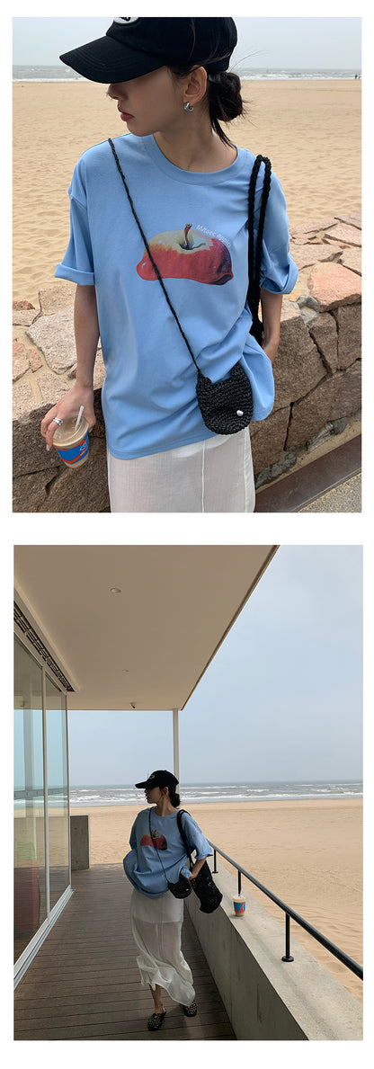 【H5285】實拍夏天韓國蘋果印花大版短袖寬鬆T恤250603