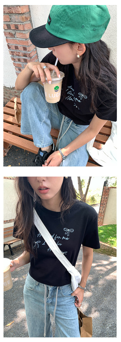 【H5161】實拍夏天甜美優雅蝴蝶結珍珠印花t恤250407
