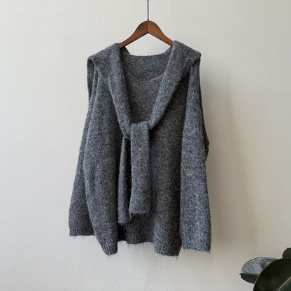 【Y25805】 實拍溫柔軟糯V領毛衣+針織披肩(含羊毛3％）251023