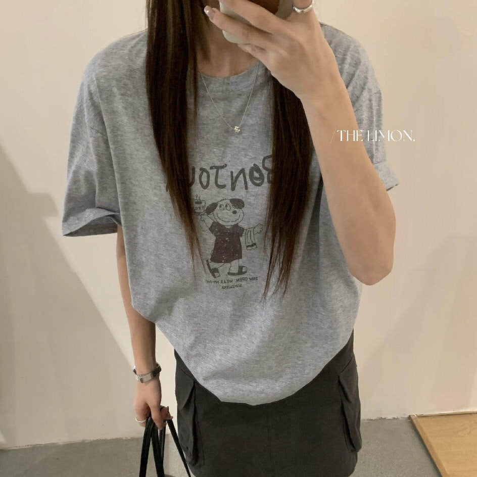 【L10378】陽光元氣女孩☀️韓系休閒字母小狗印花寬鬆顯瘦圓領短袖T恤260518