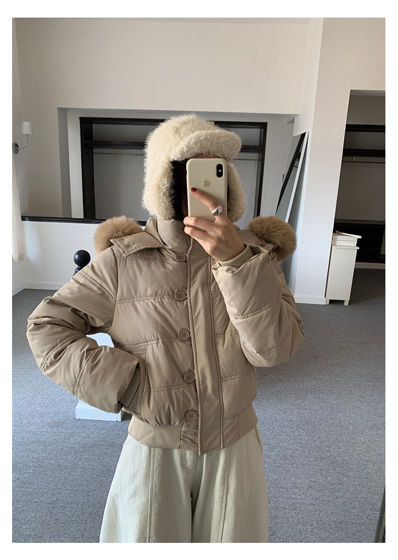 【H5501】實拍奶油風毛領連帽短款加厚棉服251118