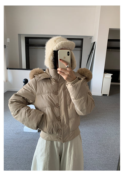 【H5501】實拍奶油風毛領連帽短款加厚棉服251118