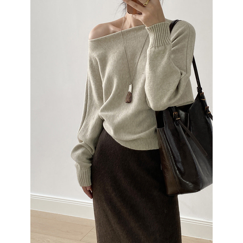 【YP2081】 實拍一字領斜肩慵懶針織毛衣251023