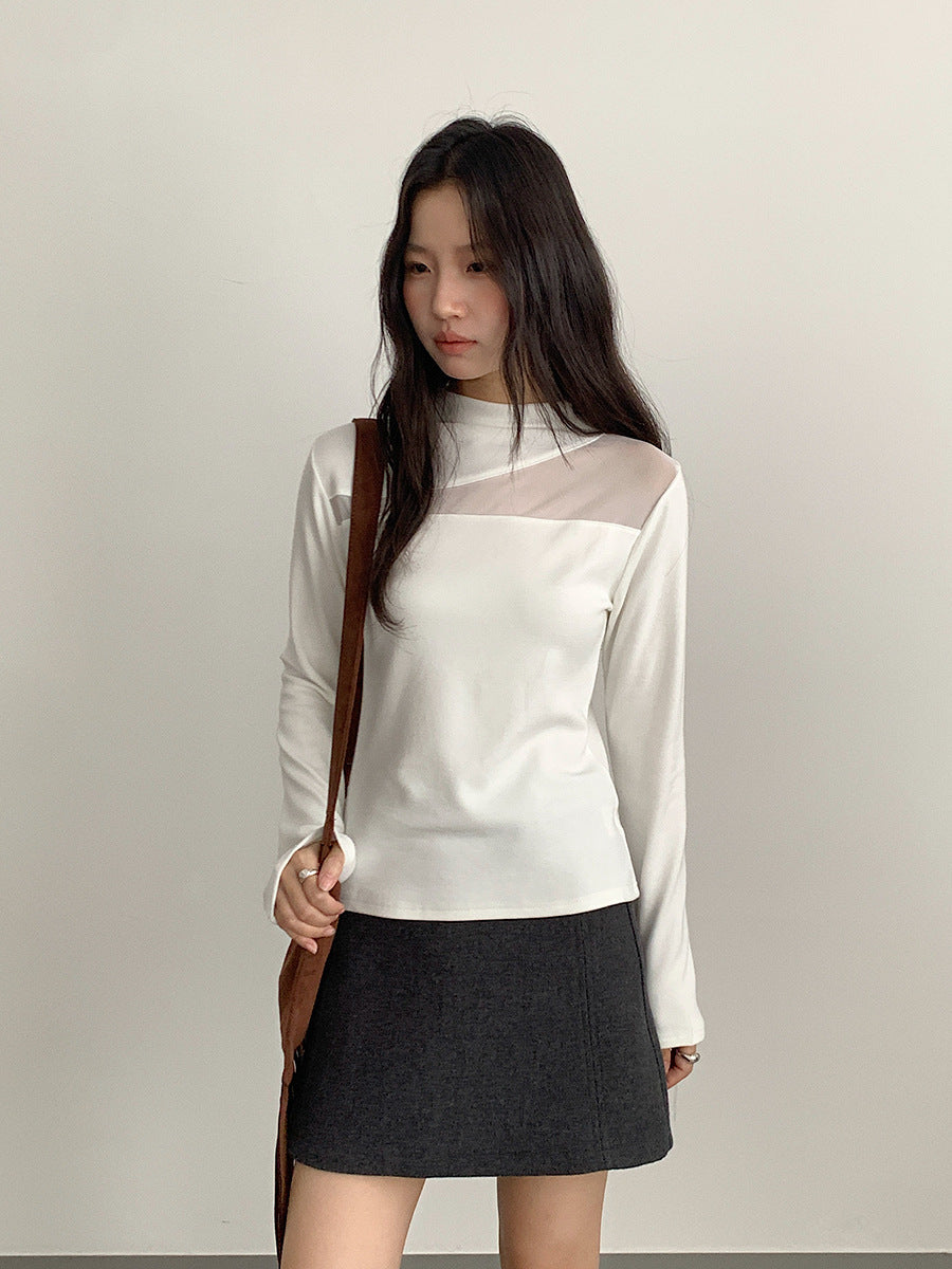 【LD11024】實拍氣質網紗拼接加絨半高領長袖T恤251124