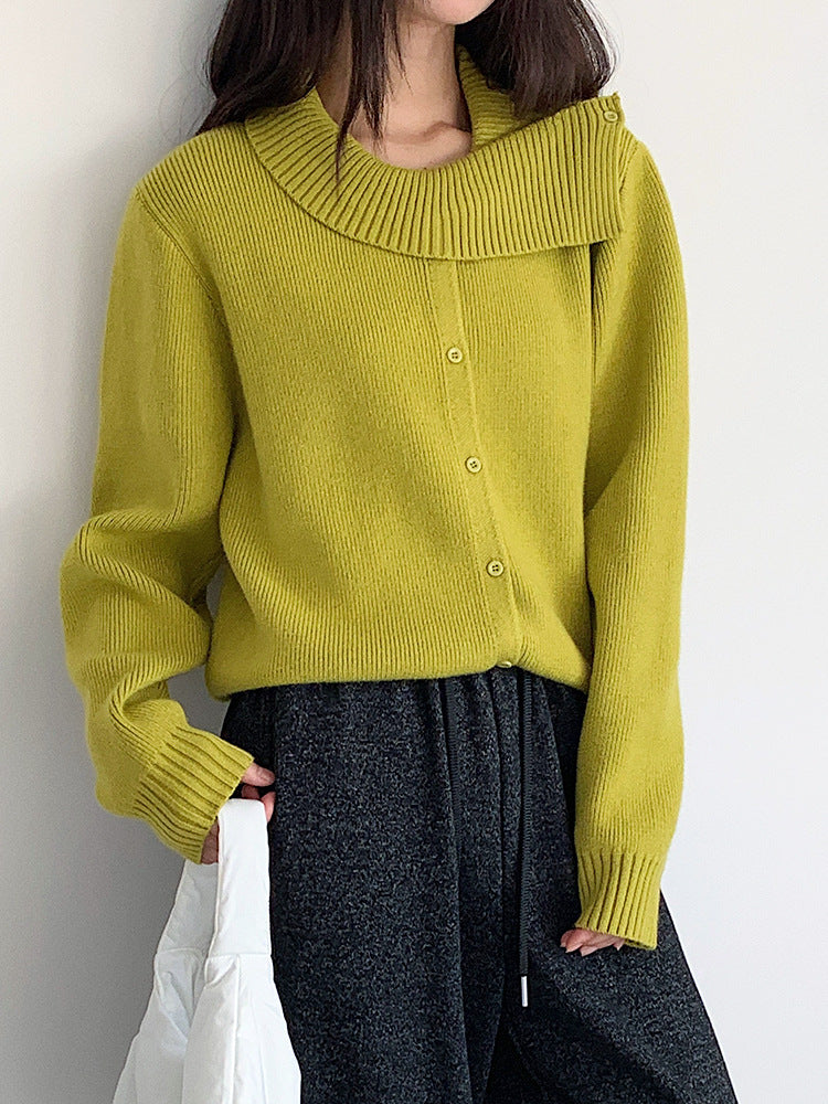 【LD11002】實拍秋冬法式設計感斜領針織毛衣外套251110