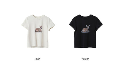 【L3127】實拍小鹿印花磨毛短袖T250827