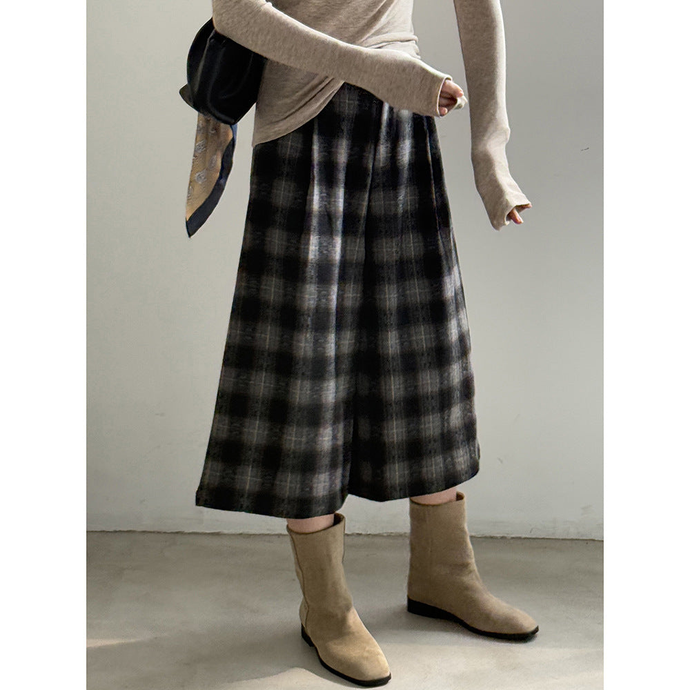 【YG8095】實拍日系復古呢料格紋直筒七分闊腿褲251016