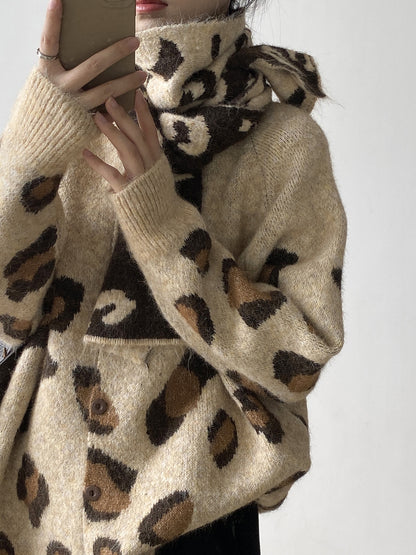 【YP2598】 實拍秋冬慵懶豹紋開衫毛衣+圍巾（含羊毛3%)251023
