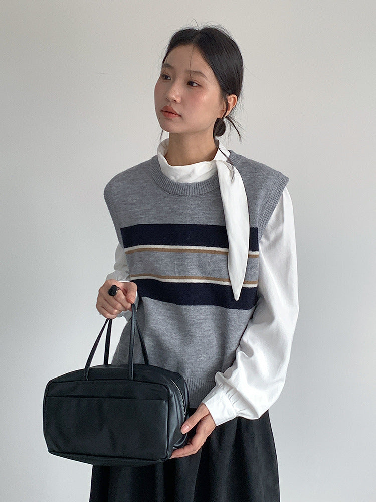 【LD11014】實拍學院感條紋圓領針織毛衣251110