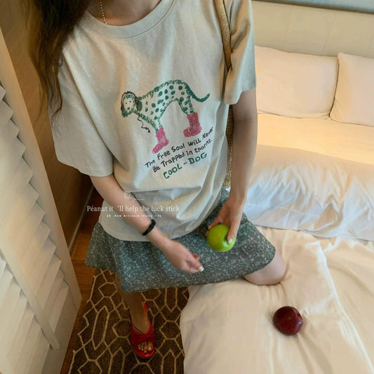【L11192】夏季韓系俏皮狗印花寬鬆顯瘦圓領短袖T恤260728