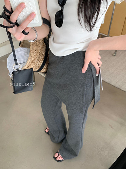 【L8385】實拍檸檬假兩件高腰顯瘦屁簾微喇褲250414