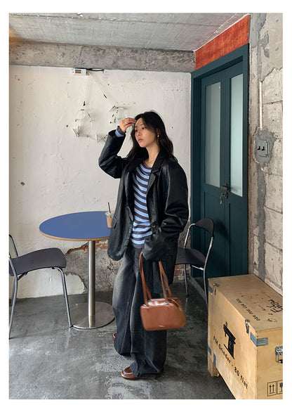 【H5398】實拍韓系高級感黑色皮衣西裝外套250902