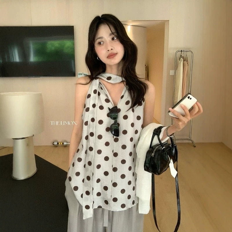 【L10709】韓系慵懶休閒風🍃正反兩穿天絲亞麻繞頸點點無袖上衣260602