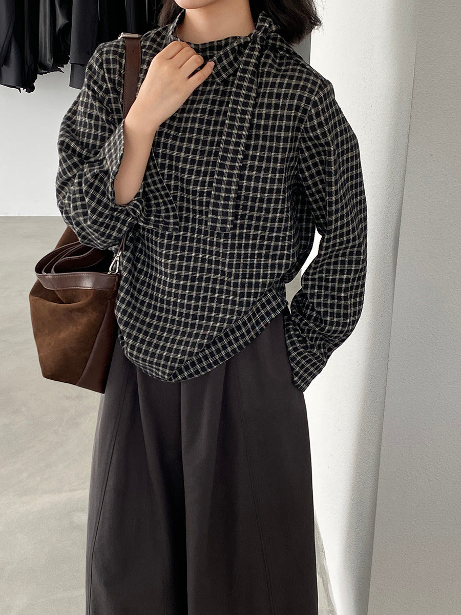 【cim1695】實拍法式磨毛領結氣質格子襯衫251030