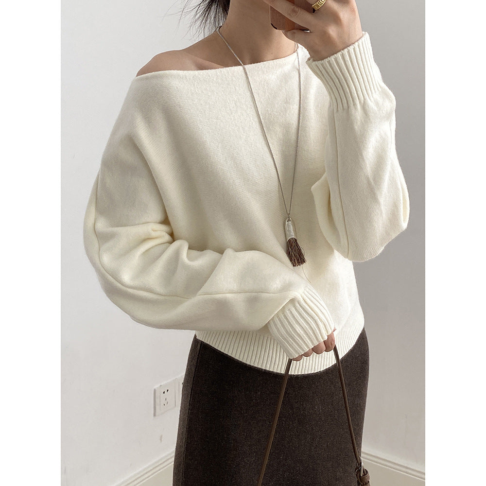 【YP2081】 實拍一字領斜肩慵懶針織毛衣251023