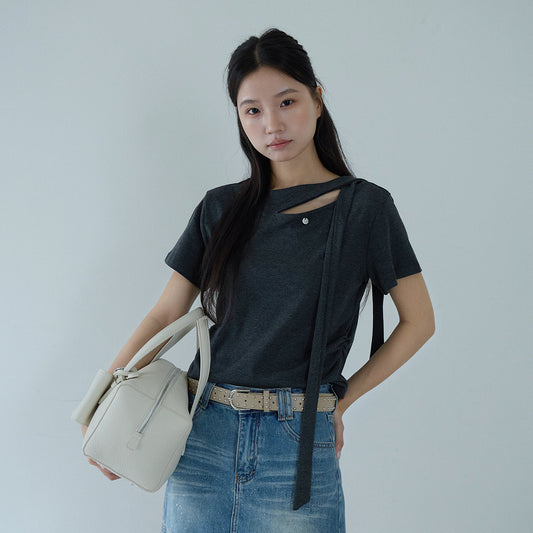 【LD11203】實拍法式優雅氣質🎀設計感飄帶收腰顯瘦短袖T恤260331