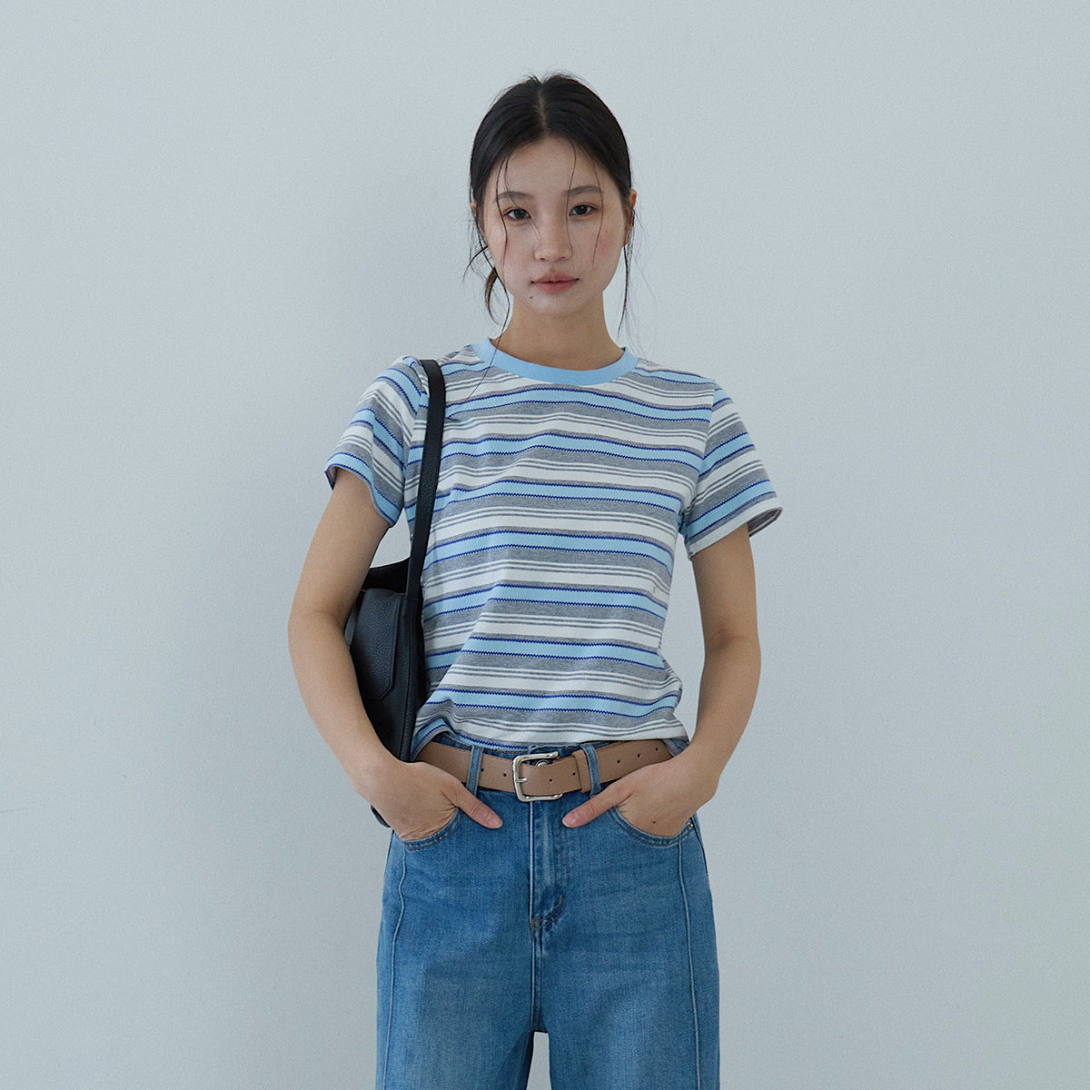 【LD11184】夏日清新海鹽藍🌊時髦百搭正肩顯瘦條紋圓領短袖T恤260324