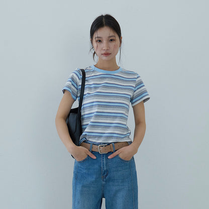 【LD11184】夏日清新海鹽藍🌊時髦百搭正肩顯瘦條紋圓領短袖T恤260324