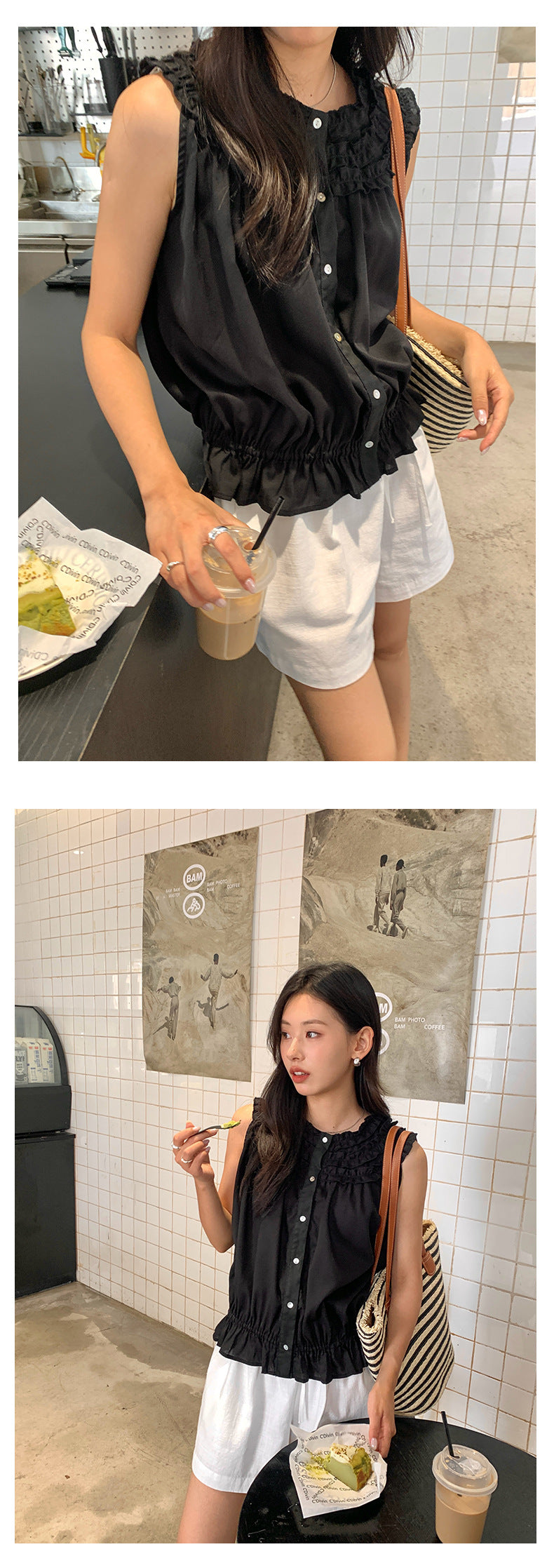【H525】實拍夏天韓國氣質小荷葉無袖襯衫250513