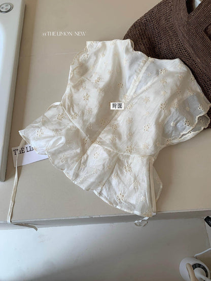 【L10551】時髦法式女伶✨氣質鏤空刺繡顯瘦收腰綁帶V領短袖襯衫260518