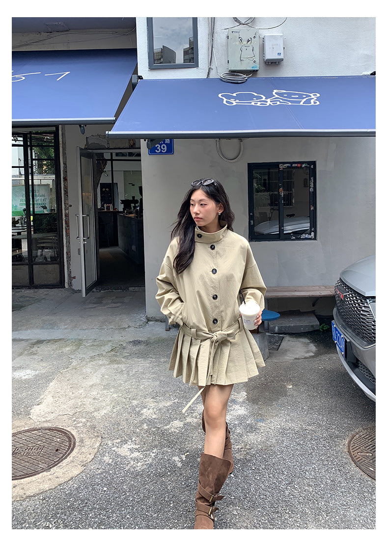 【H5400】實拍韓系慵懶卡其立領收腰風衣外套250902