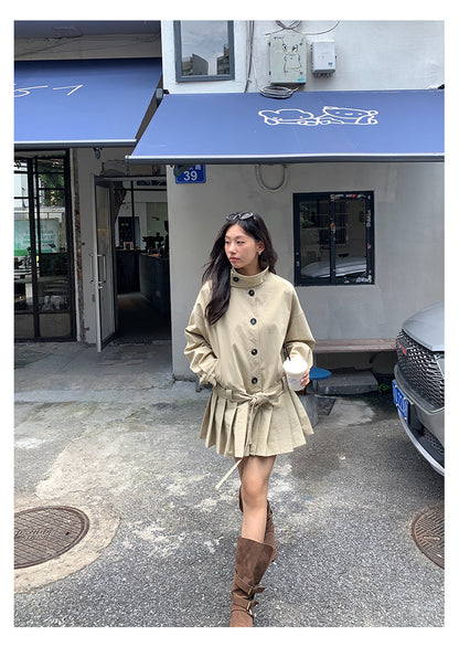 【H5400】實拍韓系慵懶卡其立領收腰風衣外套250902