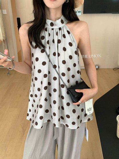 【L10709】韓系慵懶休閒風🍃正反兩穿天絲亞麻繞頸點點無袖上衣260602