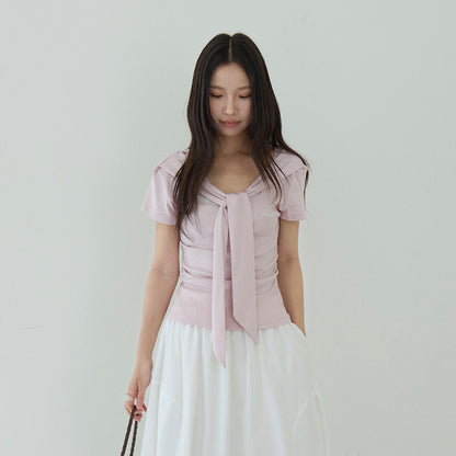 【LD11174】實拍設計感韓系絕美粉色帶披肩/綁帶假兩件短袖T恤260317