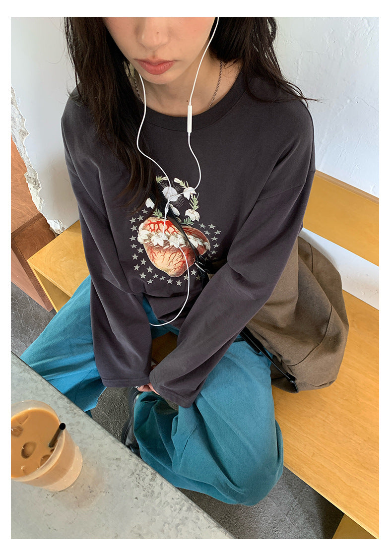 【H5397】實拍韓系甜美少女寬鬆長袖T恤250902