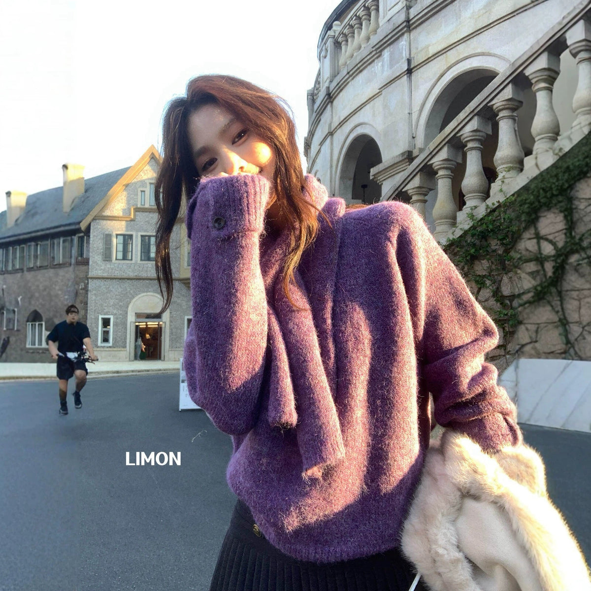 【LD8279】檸檬家韓系慵懶羊毛8%・寬鬆圓領設計感袖口毛衣（附圍巾）261020