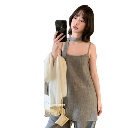 【】IMISS高品质亚麻吊带背心女2026夏季新款时尚百搭小衫衣服(配飘带