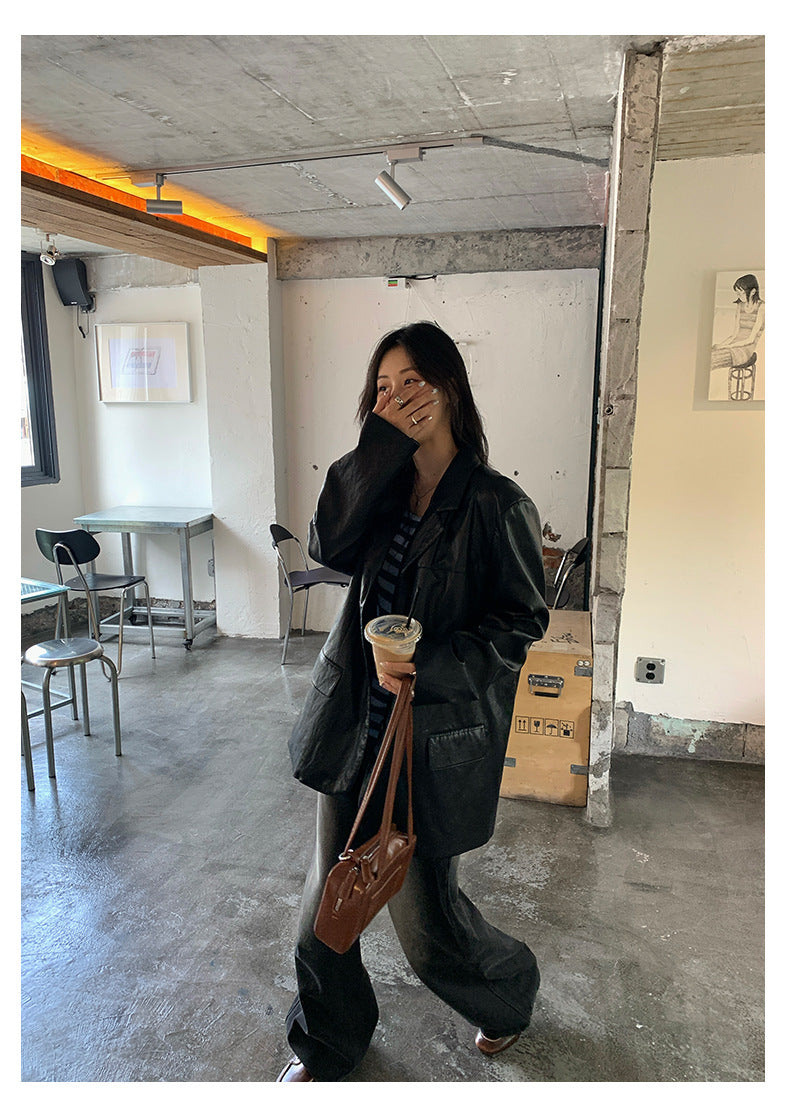 【H5398】實拍韓系高級感黑色皮衣西裝外套250902