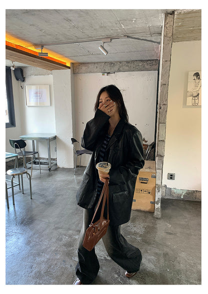 【H5398】實拍韓系高級感黑色皮衣西裝外套250902