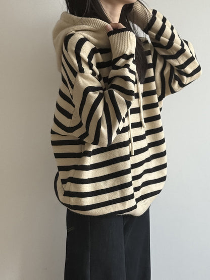 【Y899】實拍冬季條紋針織連帽毛衣251106