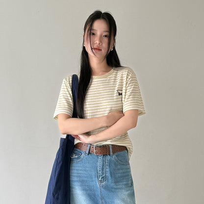 【LD11235】實拍韓系清新氧氣感🍃經典百搭條紋刺繡圓領短袖T恤260414