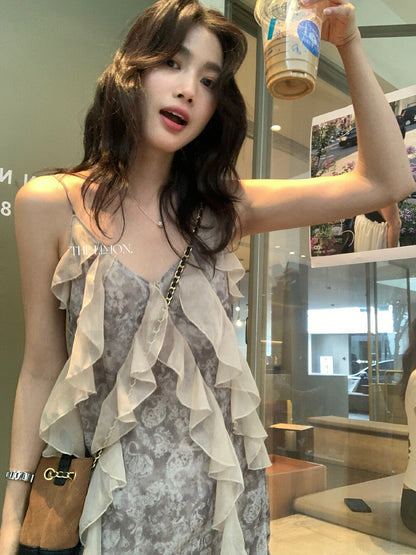 【L10356】實拍檸檬夏日法式度假風🏖️設計感百搭氣質荷葉邊休閒細肩帶洋裝260408