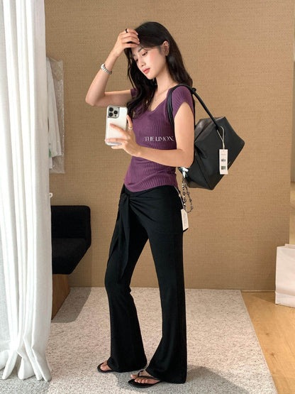 【L10599】層次感穿搭必備👖韓系百搭修身垂墜感微喇叭休閒褲(附外搭裙)260511