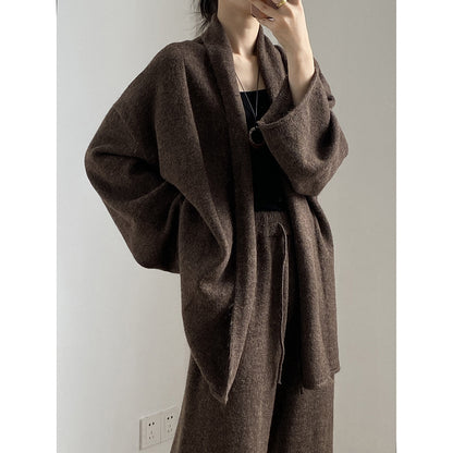 【YP1018】 實拍秋冬高級感慵懶針織開衫＋繫帶＋高腰針織闊腿褲 套裝251023