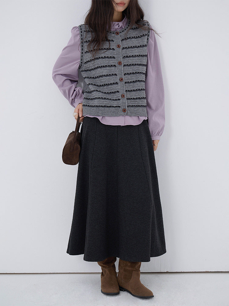 【LD3278】實拍小圓領長袖襯衫+條紋針織背心（分開下單）251103