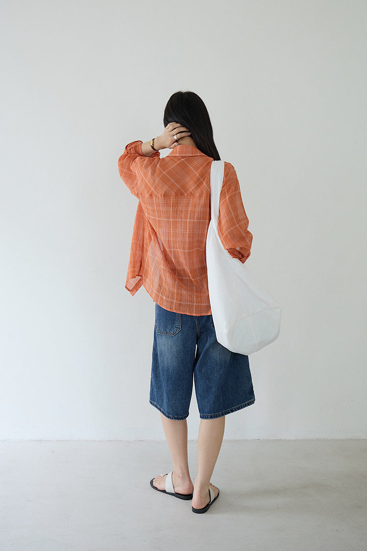 【LD11299】夏日活力維他命🍊薄款桔色格子防曬襯衫260714