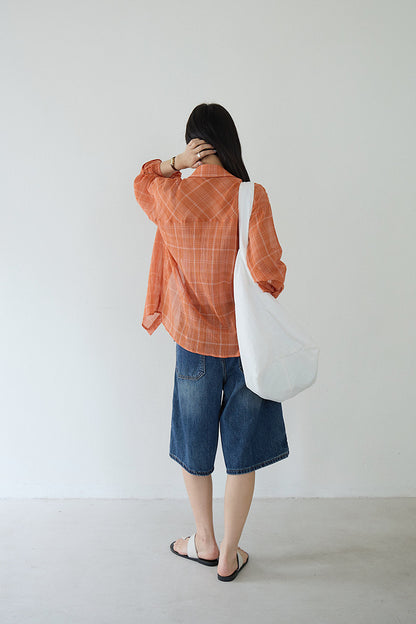 【LD11299】夏日活力維他命🍊薄款桔色格子防曬襯衫260714