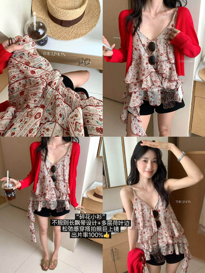 【L10658】復古甜美少女感🎀浪漫碎花飄帶荷葉邊無袖細肩帶背心上衣260518