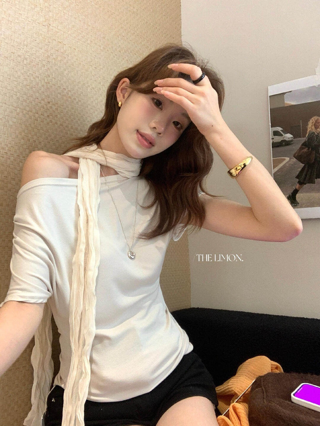 【LTM1703】韓系簡約微性感💋百搭修身顯瘦收腰不對稱斜肩短袖T恤上衣260518