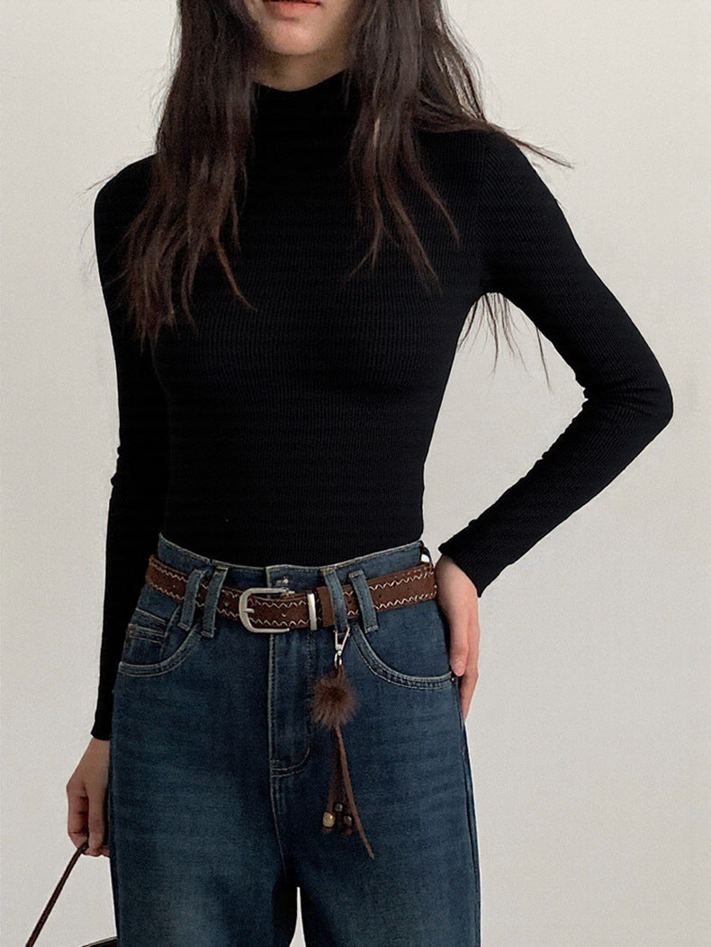 【LD11061】實拍紗網肌理超彈高領修身打底T恤251209