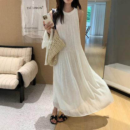 【L10672】夏日度假女神🌴氣質前後兩穿飄帶大裙襬中長版無袖洋裝260518