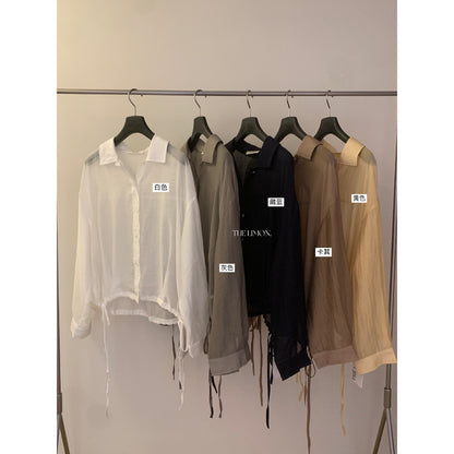 【L10757】韓系慵懶隨性☁️設計感下襬抽繩翻領長袖防曬襯衫260610